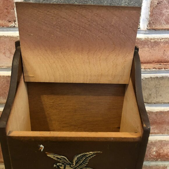 Vtg Wooden Hanging Salt Box Recipe Box Slant Top Eagle Farmhouse - Picture 2 of 7